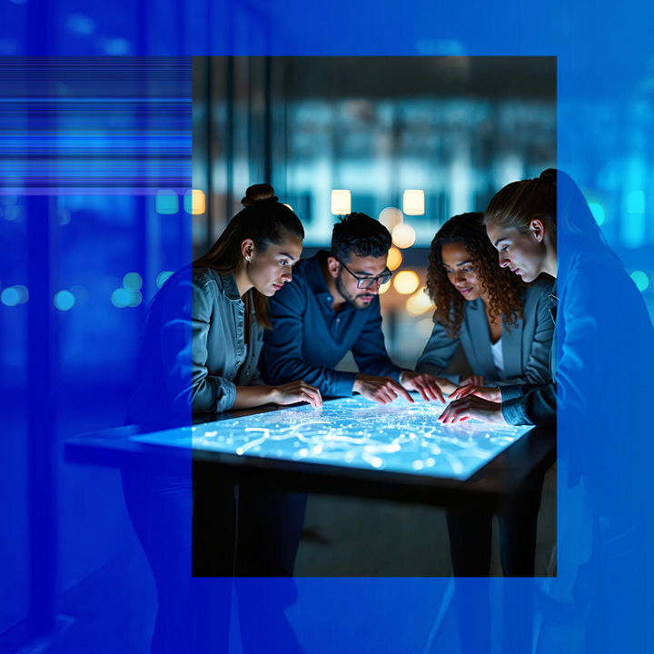 Colleagues gathered around a high-definition screen