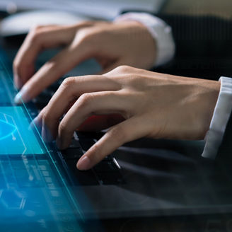 Technology concept with cyber security internet and networking, Businessman hand working on laptop, screen padlock icon on digital display.