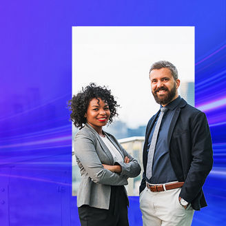 Two Colleagues with Sky View Banner