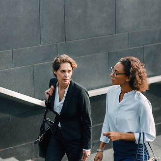 Two Female colleagues climbing stairs banner