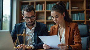 Two people sat at a table looking at documentation