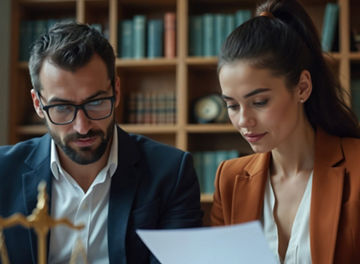 Two people sat at a table looking at documentation