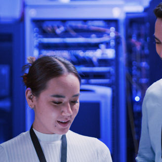 Frau und Mann in Serverraum