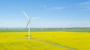 A vertical shot of wind generators in a large field during daytime