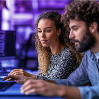 vrouw en man kijkend naar laptop