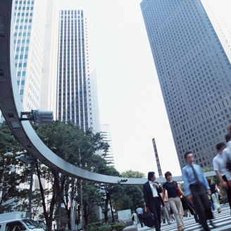 Office towers and business people