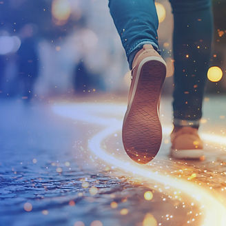 Person wearing jeans and sneakers with digital bokeh texture