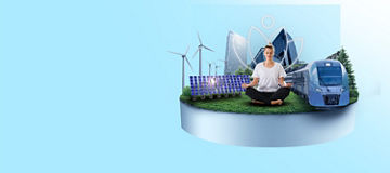 Eine Collage zum nachhaltigen Leben – eine sitzende, meditierende Person auf einer grasbewachsenen Plattform, umgeben von Solarpaneelen, Windrädern, modernen Stadtgebäuden, Bäumen und einem blauen Zug auf hellblauem Hintergrund.