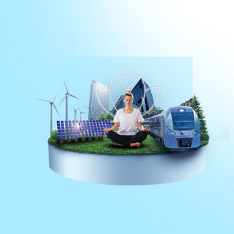 Eine Collage zum nachhaltigen Leben – eine sitzende, meditierende Person auf einer grasbewachsenen Plattform, umgeben von Solarpaneelen, Windrädern, modernen Stadtgebäuden, Bäumen und einem blauen Zug auf hellblauem Hintergrund.