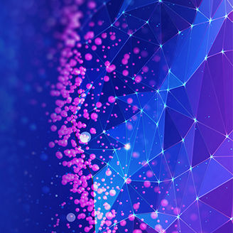 White lines and pink bubbles over blue background