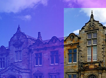 View of a building and sky with a purple overlay