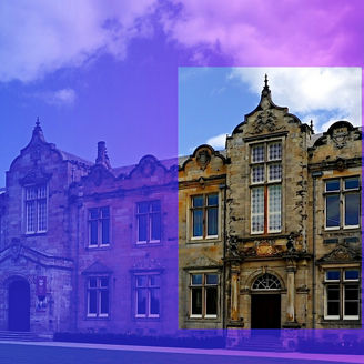 View of a building and sky with a purple overlay