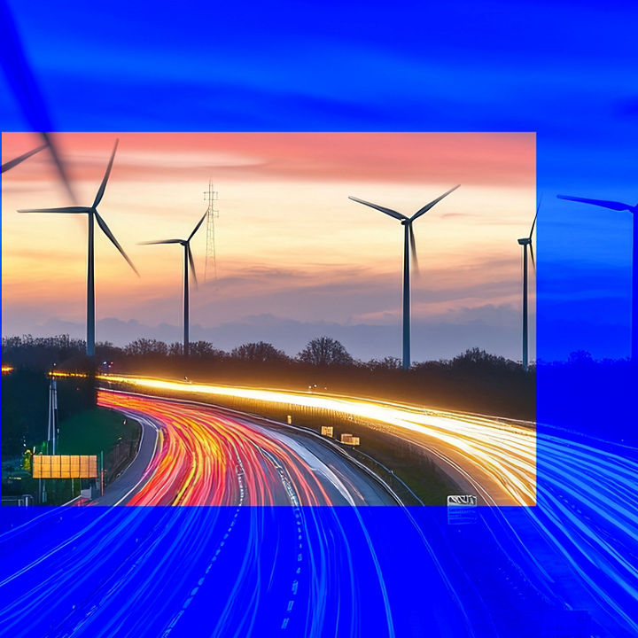 Wind turbines beside highway banner