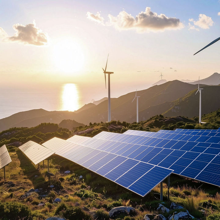 Wind turbines and solar panels on a hill