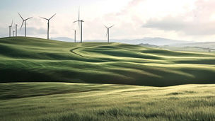 Windmills in field