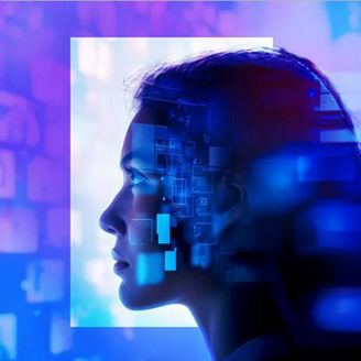 Woman with artificial holograms around her