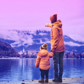 Woman and child in yellow jacket banner