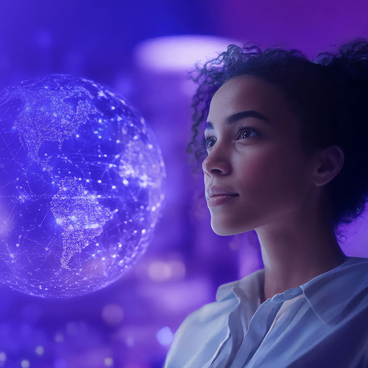 Woman with floating digital globe banner