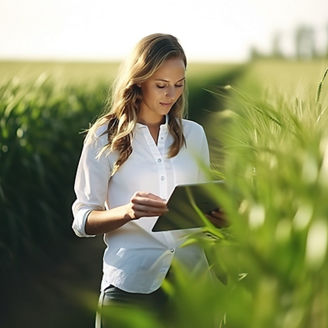 Woman in the green field using device, ESG