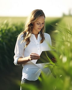 Woman in the green field using device, ESG