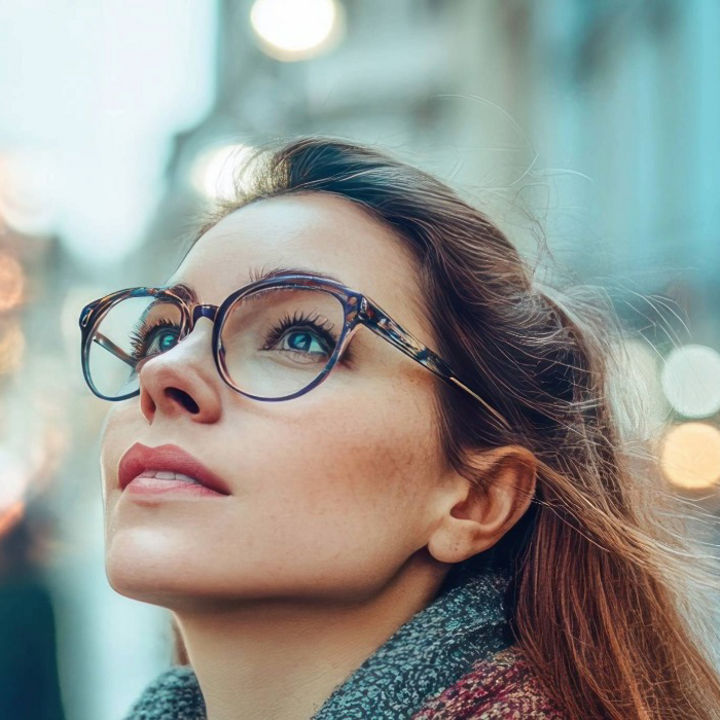 A woman in glasses looking up whilst stood in a busy city centre with bright lights