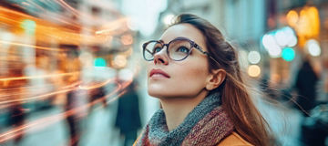 A woman in glasses looking up whilst stood in a busy city centre with bright lights