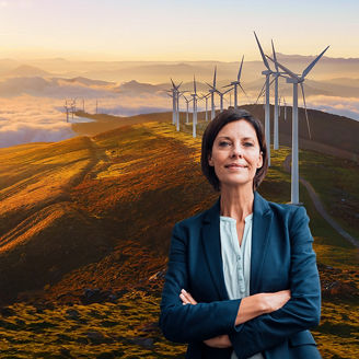 Woman in formals against mountains windmills