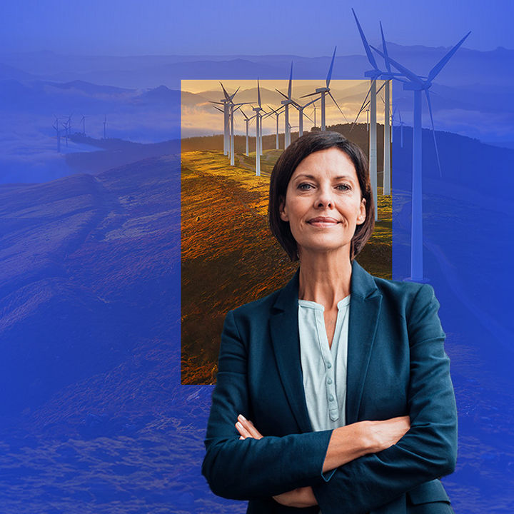 Woman in front of mountains and windmills banner