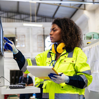 Woman in industry clothes working on a screen backend