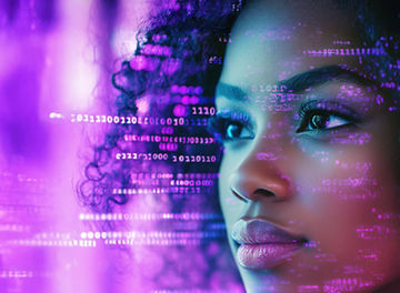 woman looking at binary holograms