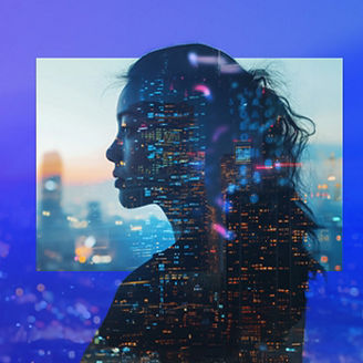 Woman looking out window to city