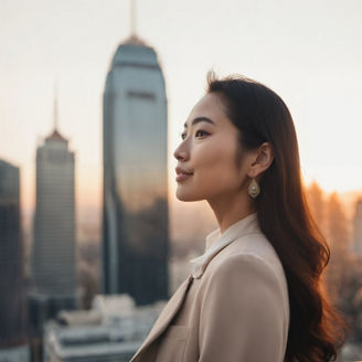 Fotografía de una mujer ejecutiva observando un atardecer en la ciudad