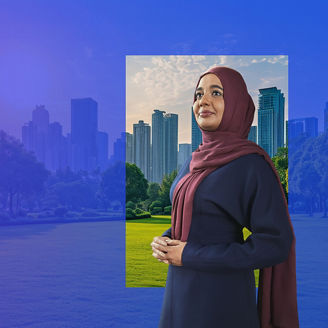 Woman standing with a green space in the background