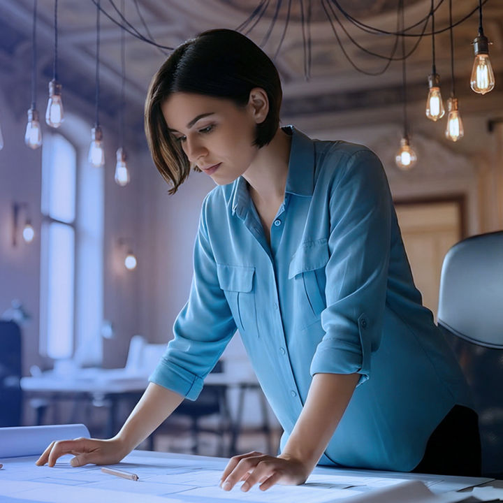 Business woman looking at architectural design plan blueprints on a table