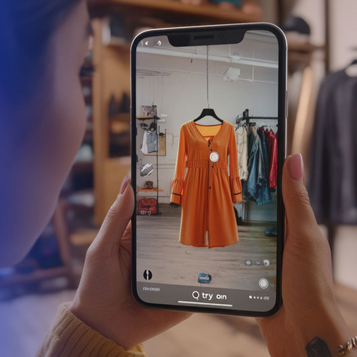 A woman using her phone to scan a dress in store banner