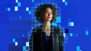 Woman smiling with blue digital rectangles overlay