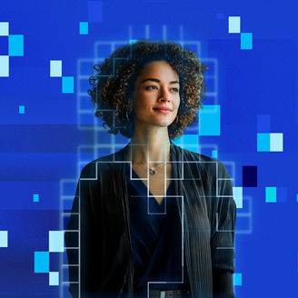 Woman smiling with blue digital rectangles overlay