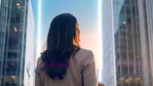 Woman standing between modern office buildings