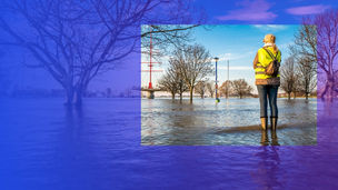 Woman standing in flooded park banner