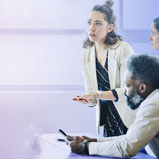 woman talking colleagues listening