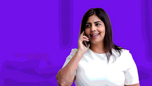 Woman in white talking on cell phone banner