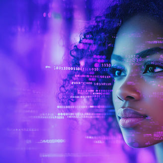 A close-up of a woman looking at a web-like pattern of computer code on a screen.
