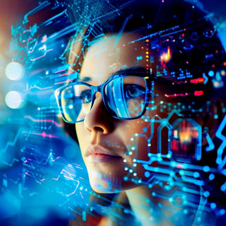 女性查看懸空螢幕