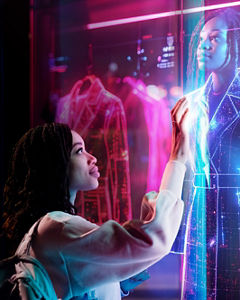 Woman with backpack touching holographic retail display