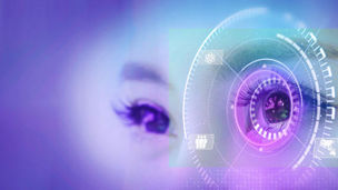 Future woman with cyber technology eye panel concept banner
