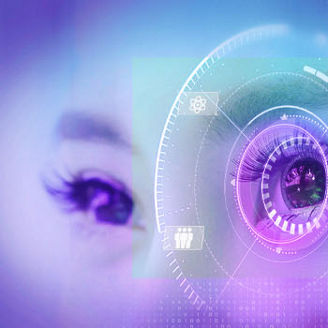 Future woman with cyber technology eye panel concept banner