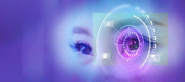 Future woman with cyber technology eye panel concept