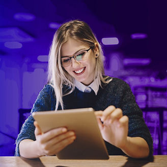 Woman with glasses using tablet banner