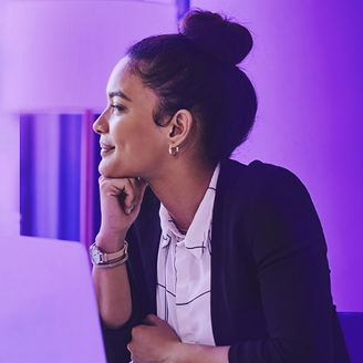 Woman working staring-outside banner
