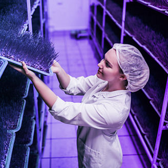 vrouw werkt met gras in een fabriek